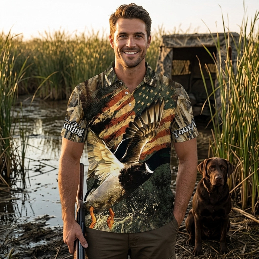 Custom Name America Duck Hunting Men Polo Shirt