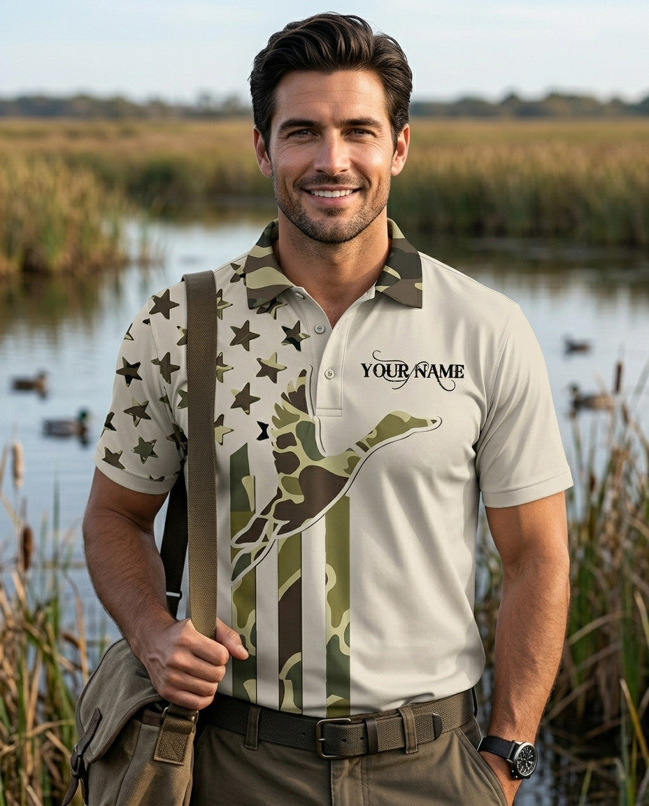 Custom Name Duck Hunting Camo Men Polo Shirt