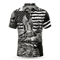 America Mallard Duck Hunting Black And White Men Polo Shirt