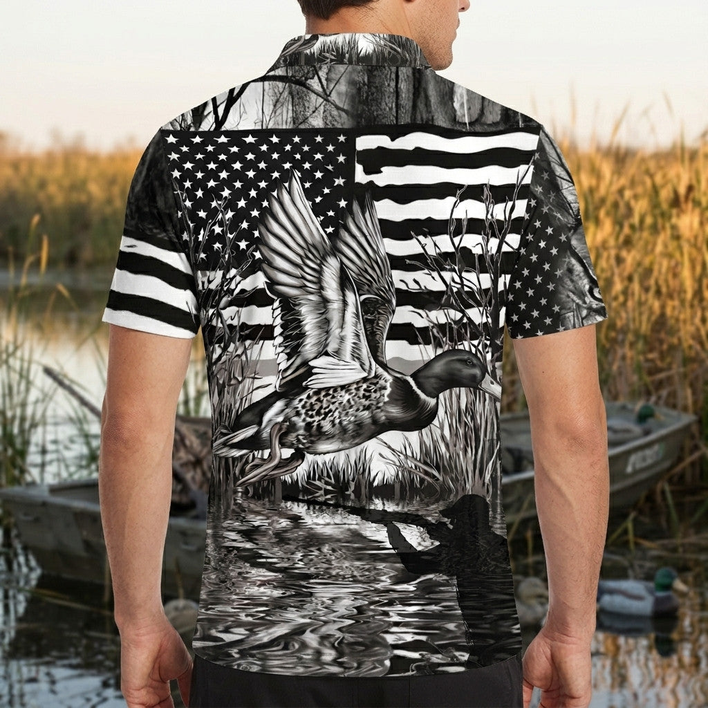 America Mallard Duck Hunting Black And White Men Polo Shirt