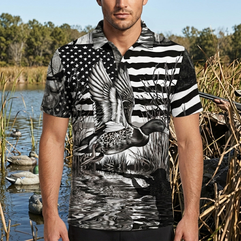 America Mallard Duck Hunting Black And White Men Polo Shirt