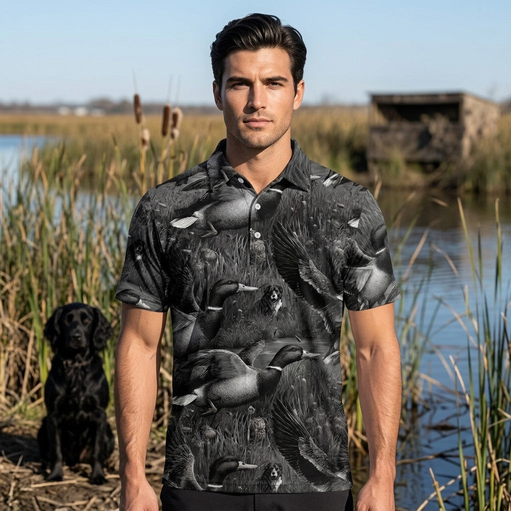 Mallard Duck Hunting Black Vintage Men Polo Shirt