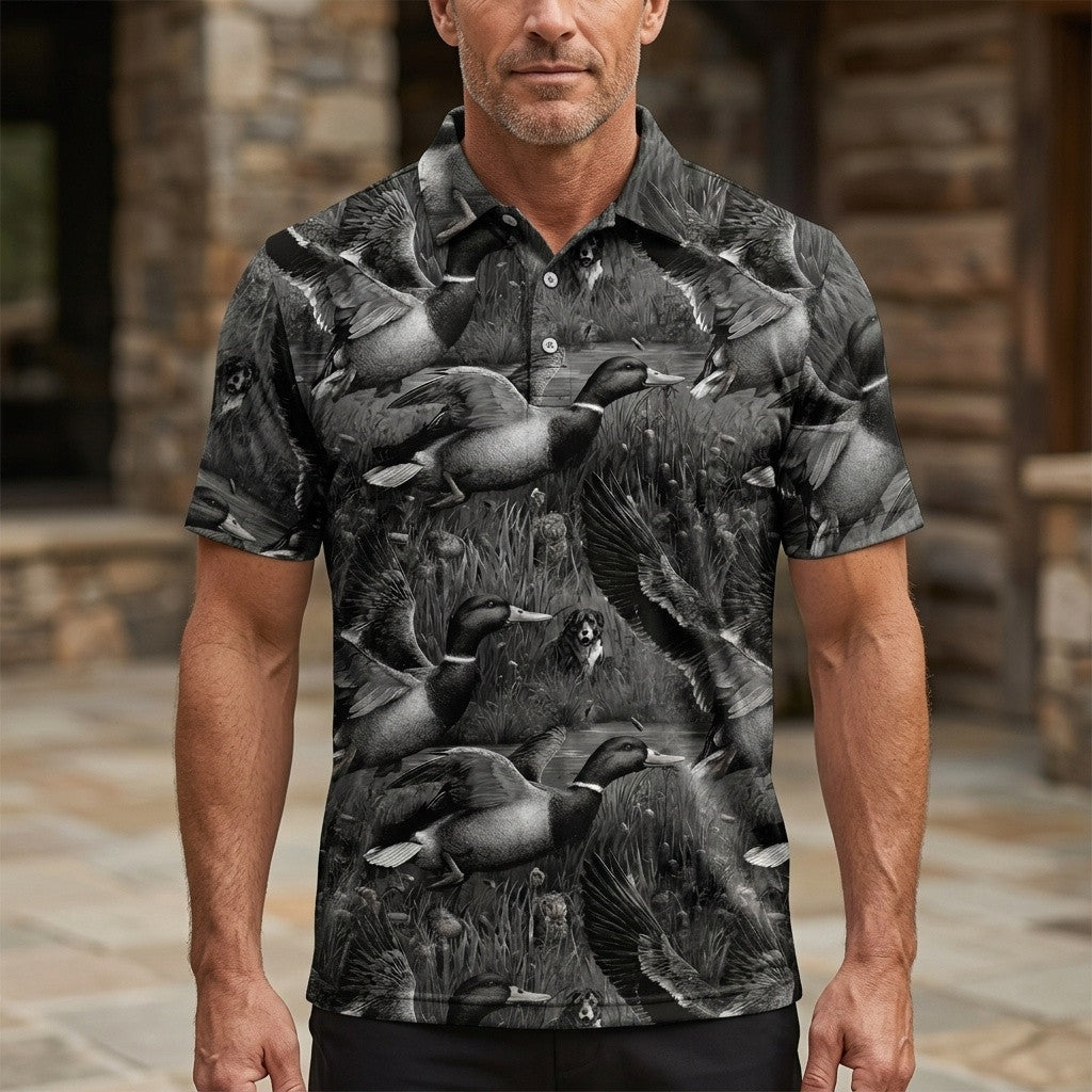 Mallard Duck Hunting Black Vintage Men Polo Shirt