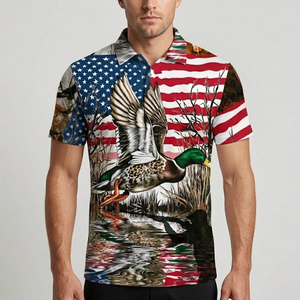 America Mallard Duck Hunting Camo Men Polo Shirt