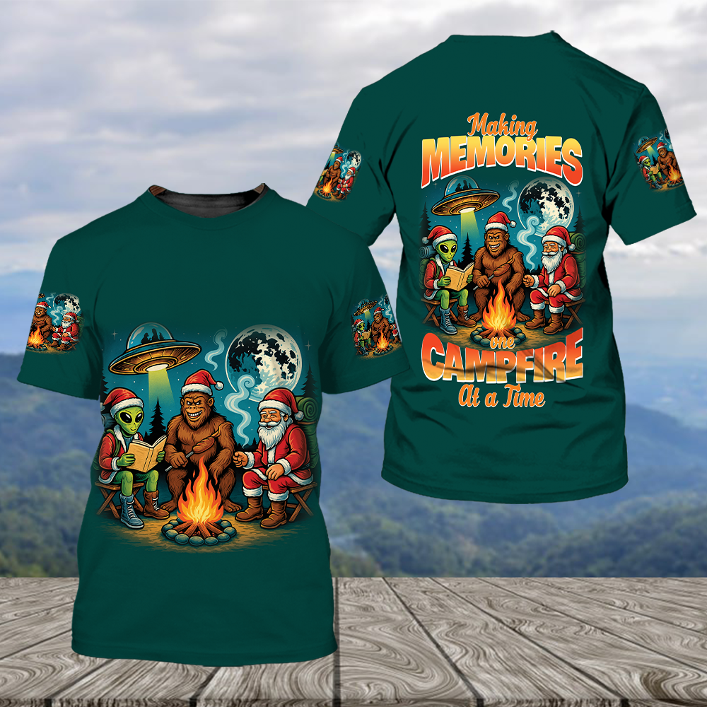 Funny Bigfoot Alien And Santa Making Memories One Campfire At A Time All Over Print Shirt