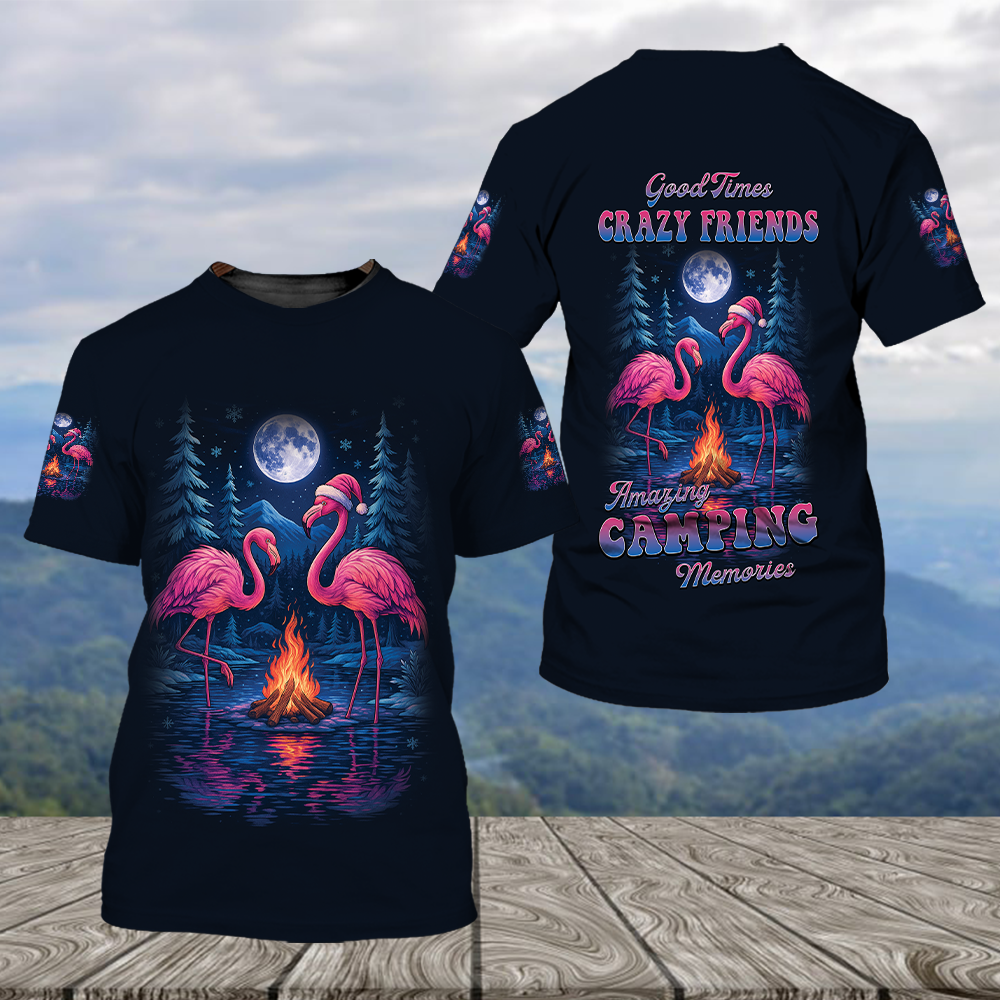 Crazy Friends Camping Memories Flamingo Christmas All Over Print Shirt