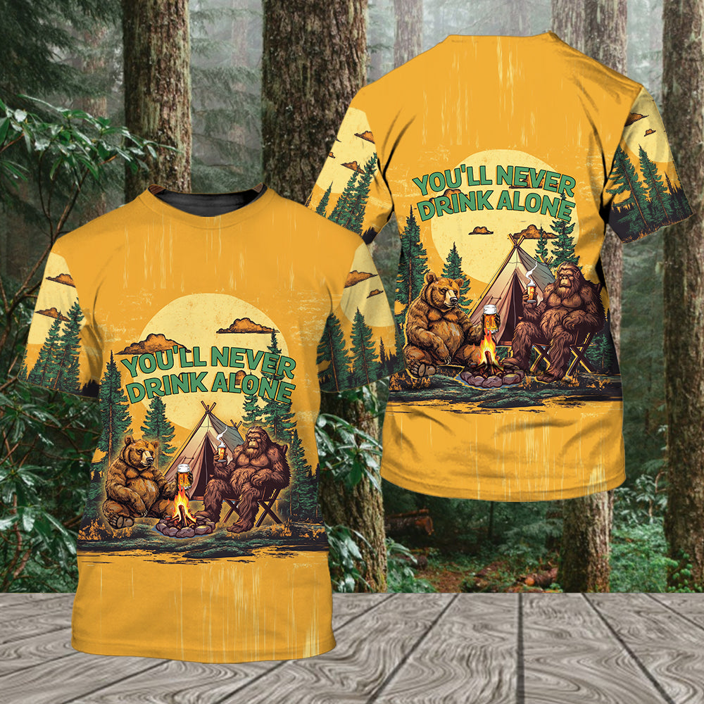 Bigfoot and Bear You'll Never Drink Alone All Over Print Shirt