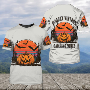 Retro Spooky Vintage Camping Vibes Halloween All Over Print Shirt