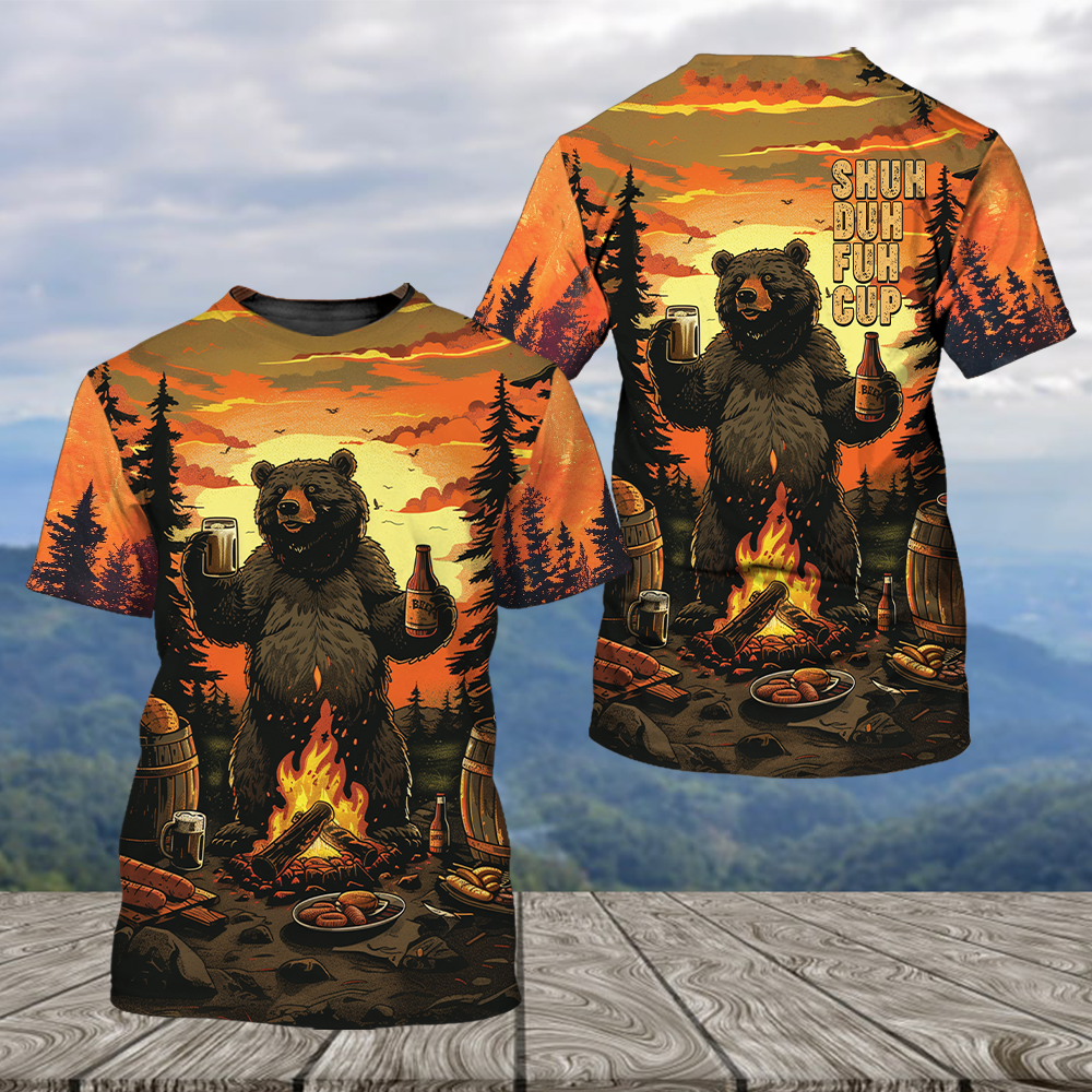Funny Beer Bear Campfire All Over Print Shirt