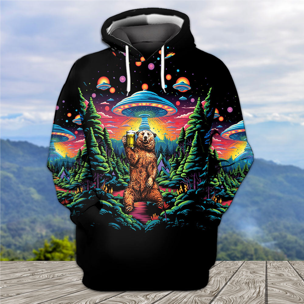 Bear Alien Night Drinking All Over Print Shirt