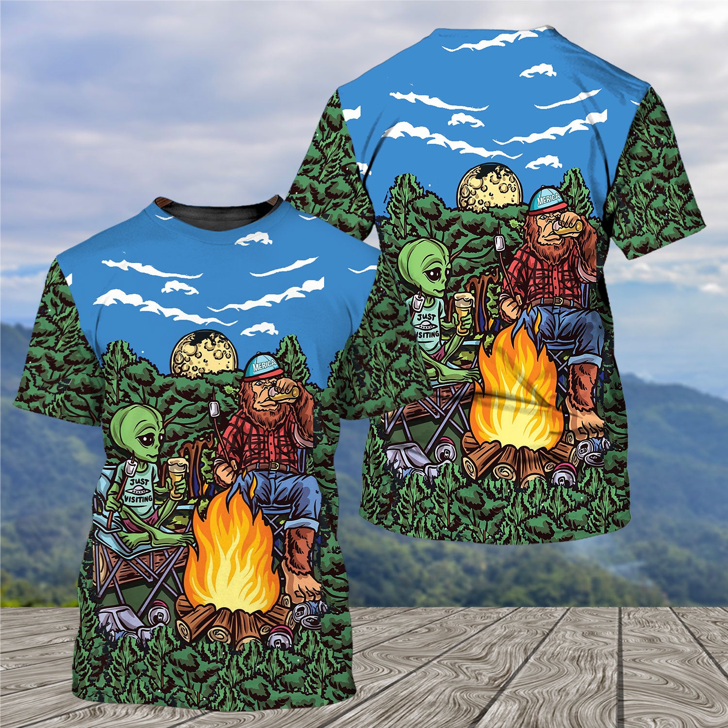 Alien Bigfoot Camping All Over Print Shirt