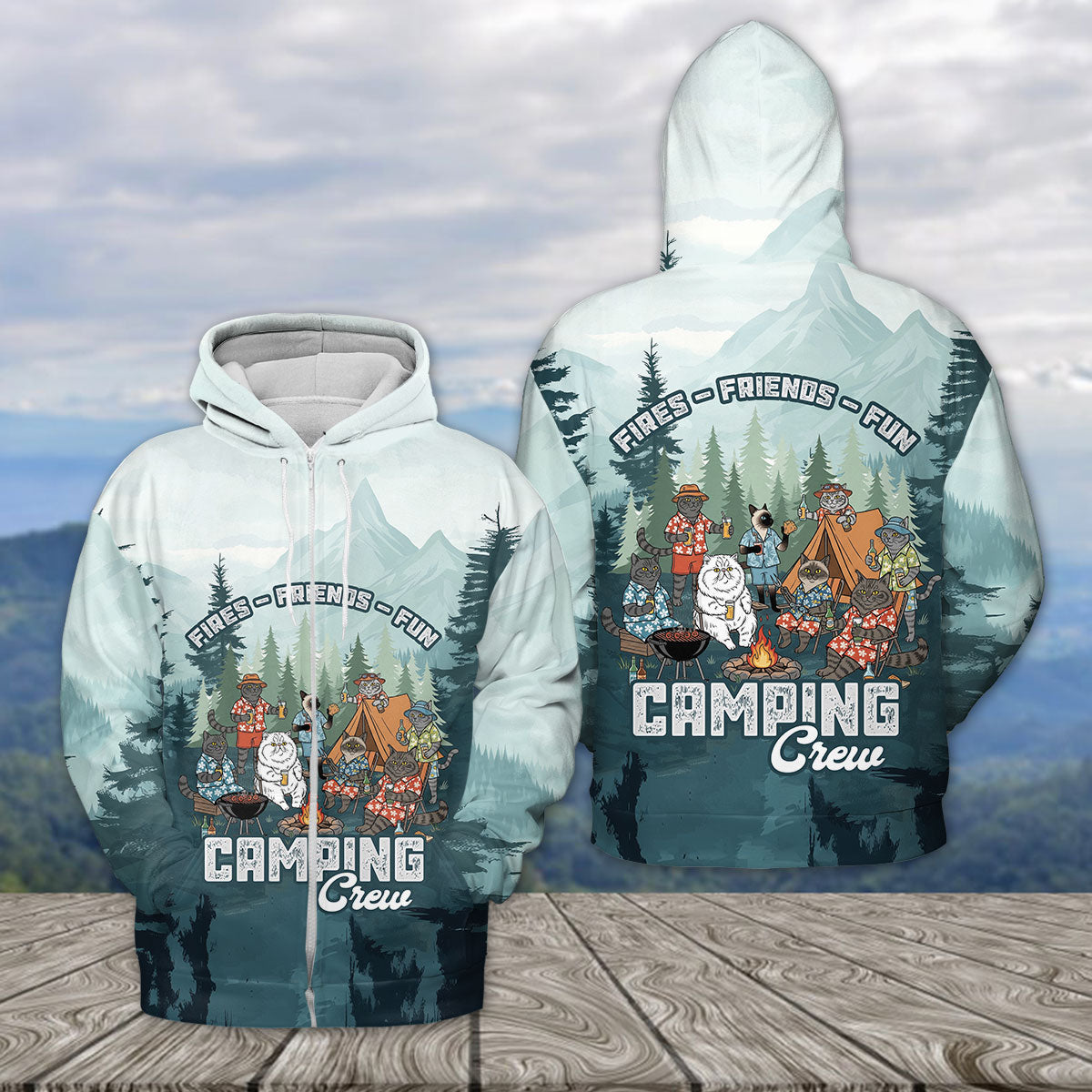 Friends, Fires, Fun Camping Crew Cats All Over Print Shirt