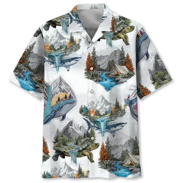 Camping Turtle, Shark, Whale Hawaiian Shirt