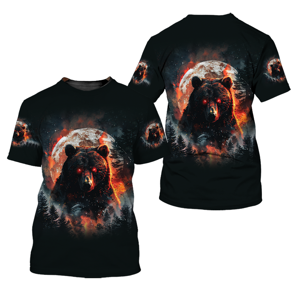 Fire Bear Adventure Dark Night Forest All Over Print Shirt