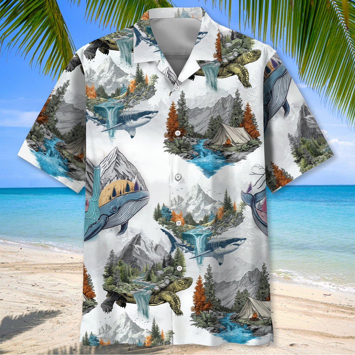 Camping Turtle, Shark, Whale Hawaiian Shirt