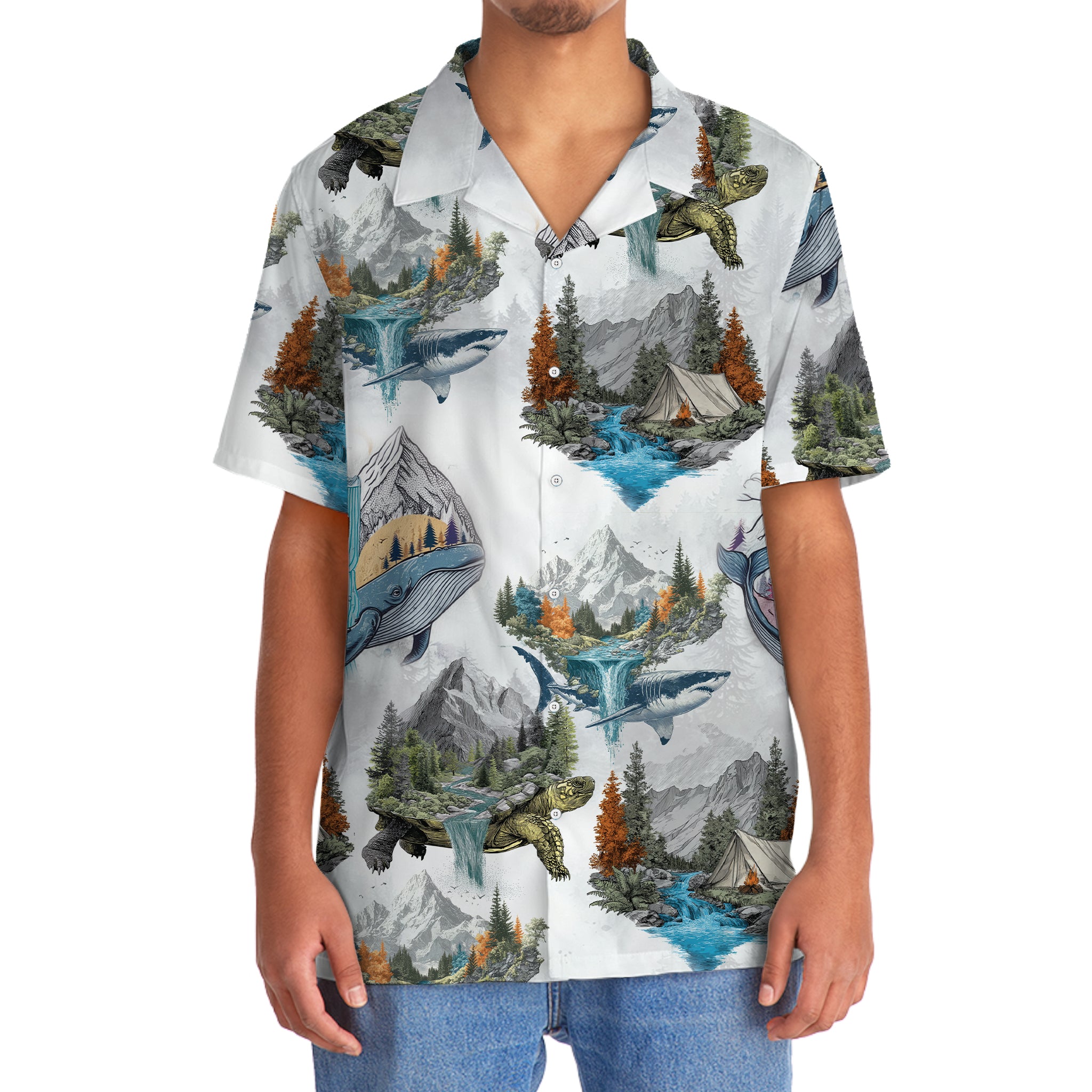 Camping Turtle, Shark, Whale Hawaiian Shirt