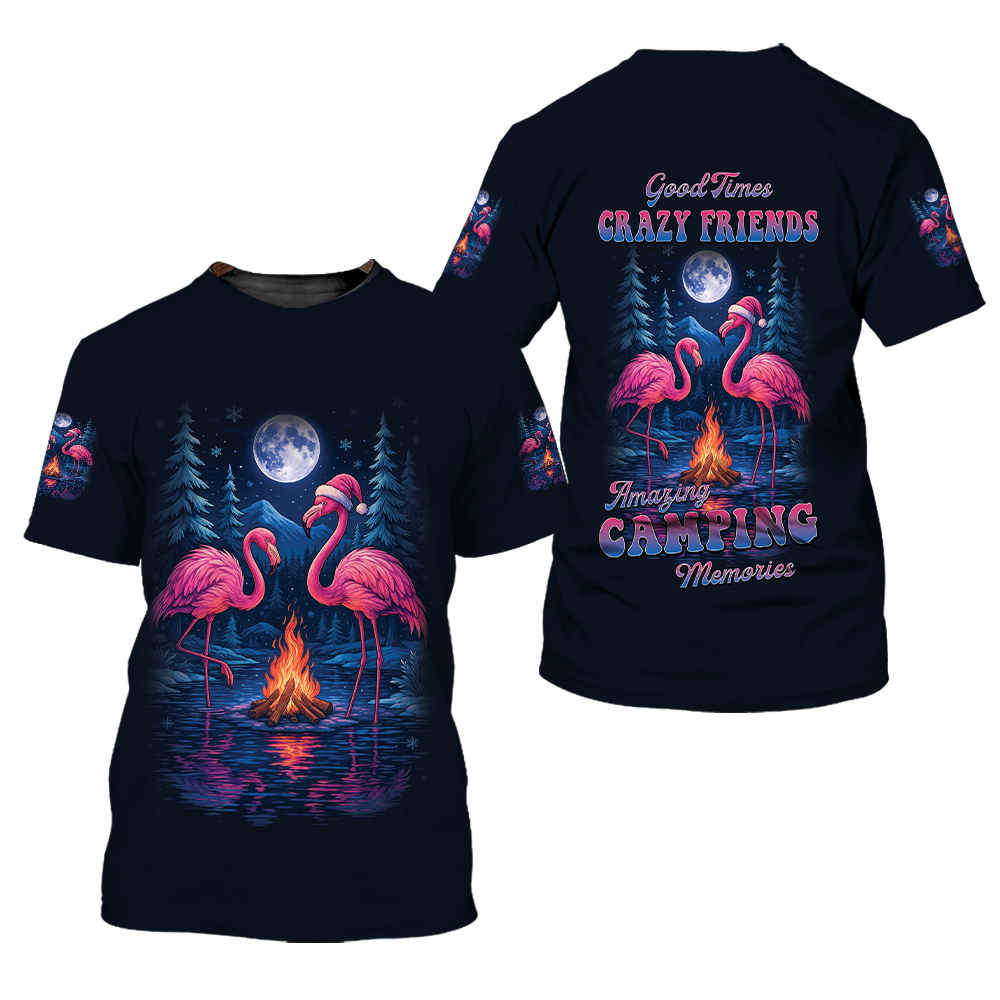Crazy Friends Camping Memories Flamingo Christmas All Over Print Shirt