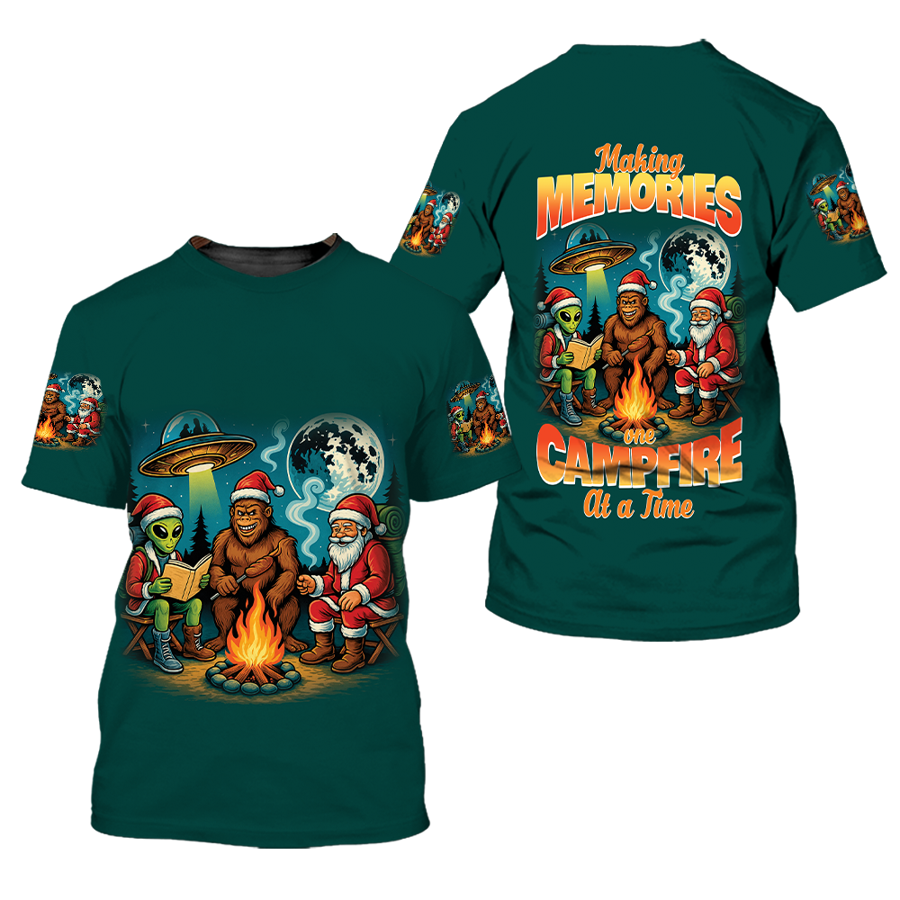 Funny Bigfoot Alien And Santa Making Memories One Campfire At A Time All Over Print Shirt