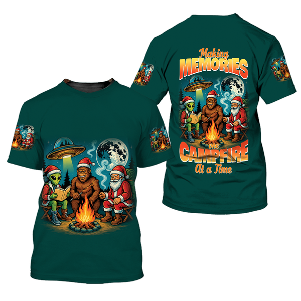 Funny Bigfoot Alien And Santa Making Memories One Campfire At A Time All Over Print Shirt