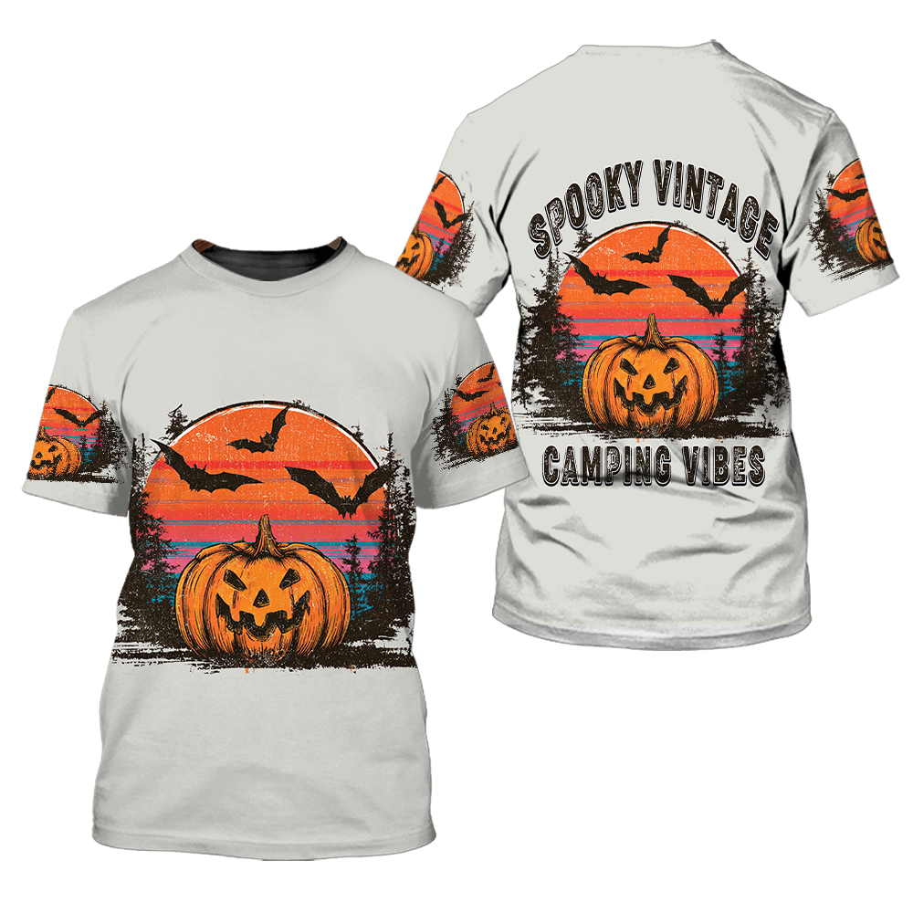 Retro Spooky Vintage Camping Vibes Halloween All Over Print Shirt