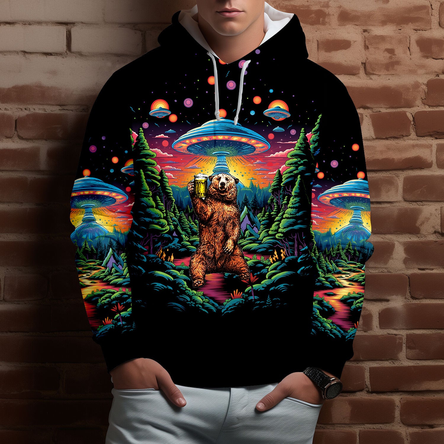 Bear Alien Night Drinking All Over Print Shirt