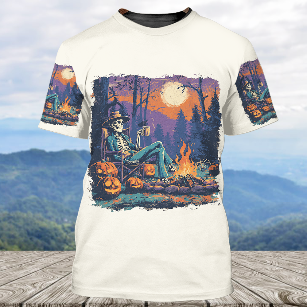 Chilling Skeleton by the Campfire Vintage Halloween All Over Print Shirt