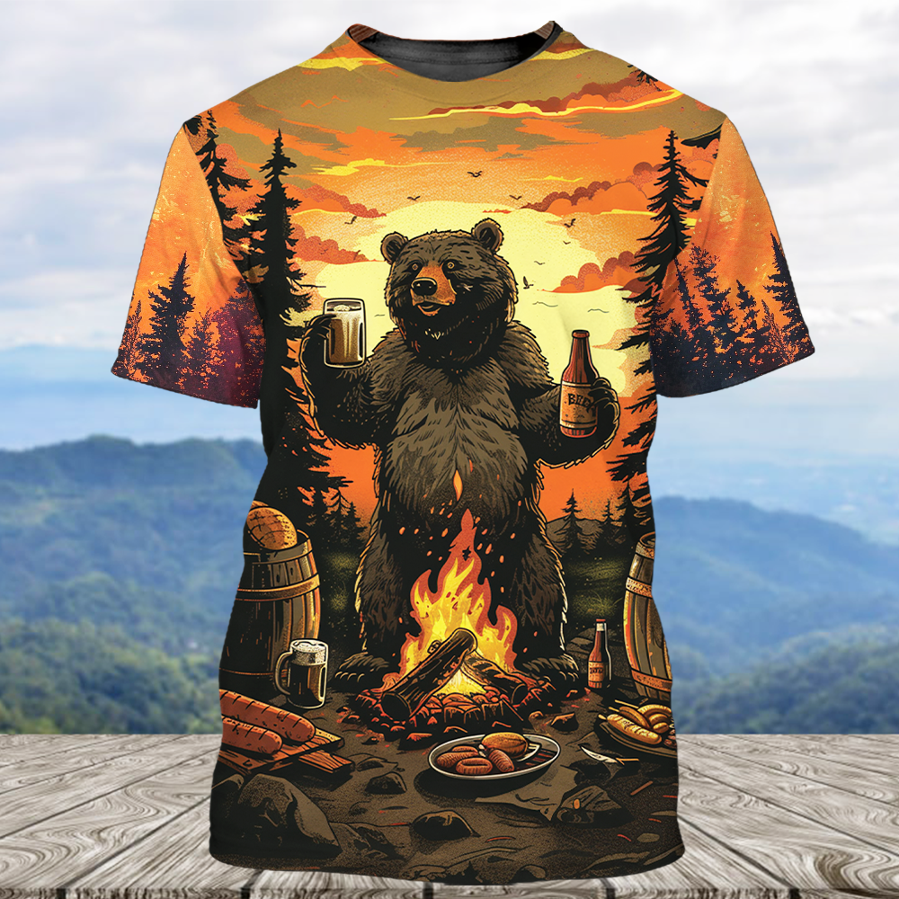 Funny Beer Bear Campfire All Over Print Shirt