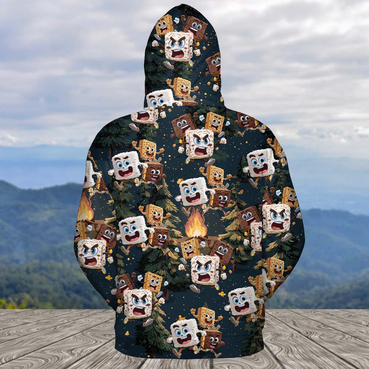 Chocolate and Cracker Chasing Marshmallow Camping All Over Print Shirt