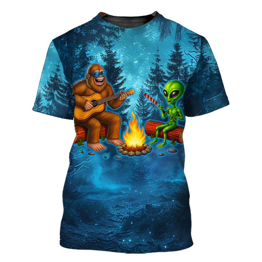 Bigfoot And Alien Making Memories One Campfire At A Time Christmas All Over Print Shirt