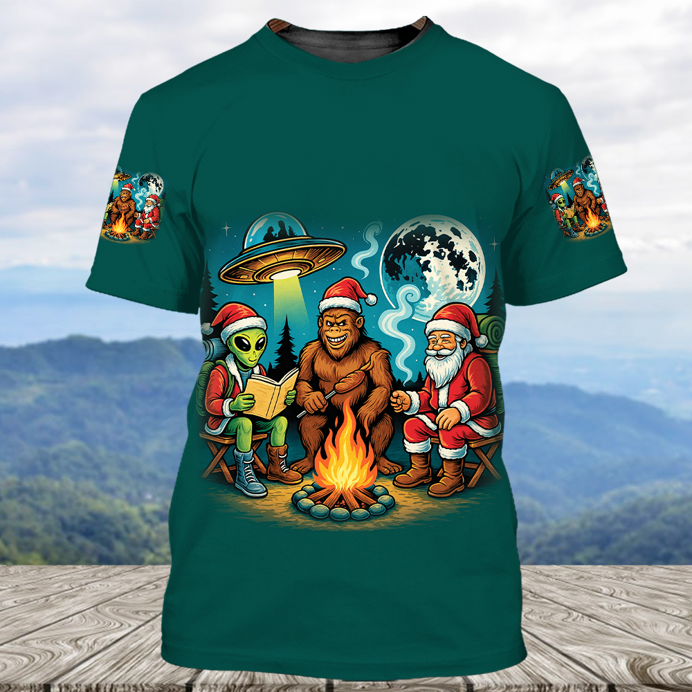 Funny Bigfoot Alien And Santa Making Memories One Campfire At A Time All Over Print Shirt