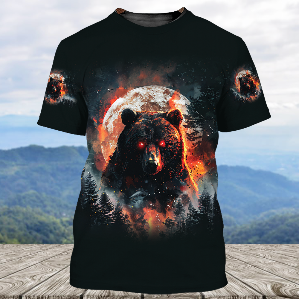 Fire Bear Adventure Dark Night Forest All Over Print Shirt
