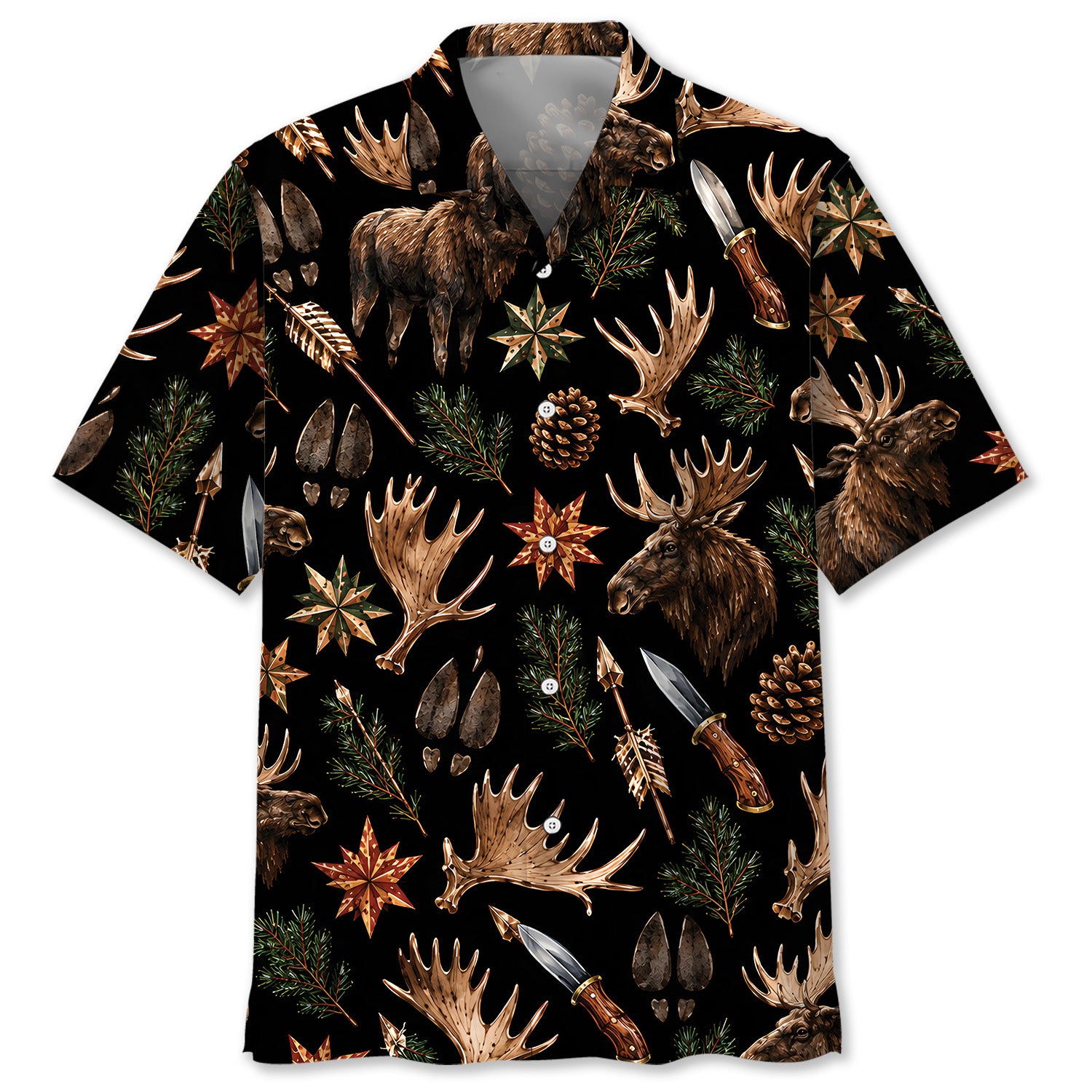 Moose Hunting Retro Black Hawaiian Shirt