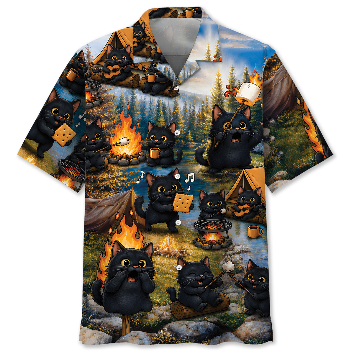 Vintage Black Cat Camping Hawaiian Shirt