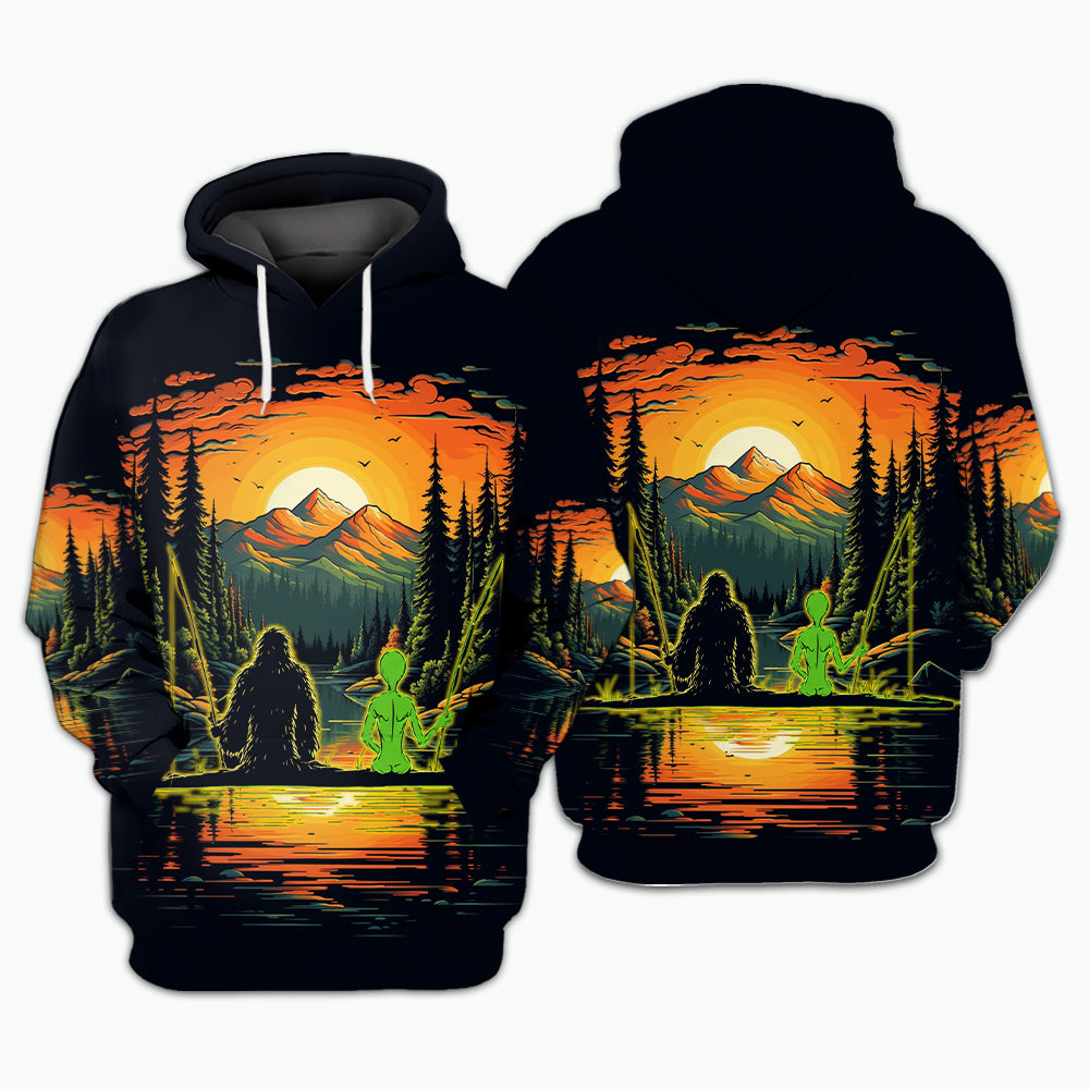 Bigfoot And Alien Fishing Night All Over Print Shirt