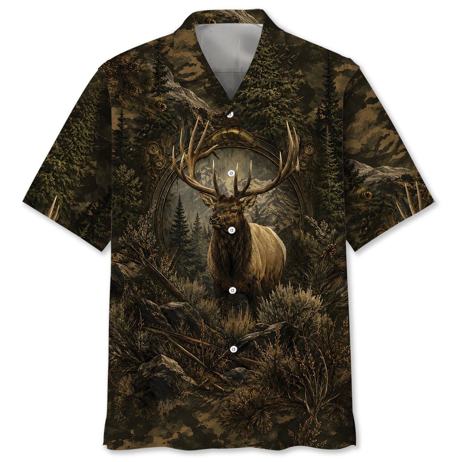 Elk Hunting Dark Camo Hawaiian Shirt