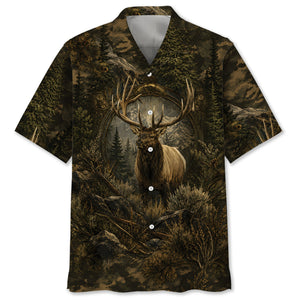 Elk Hunting Dark Camo Hawaiian Shirt