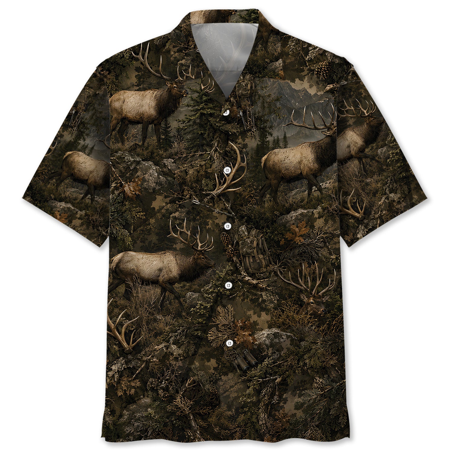 Elk Hunting Forest Camouflage Hawaiian Shirt