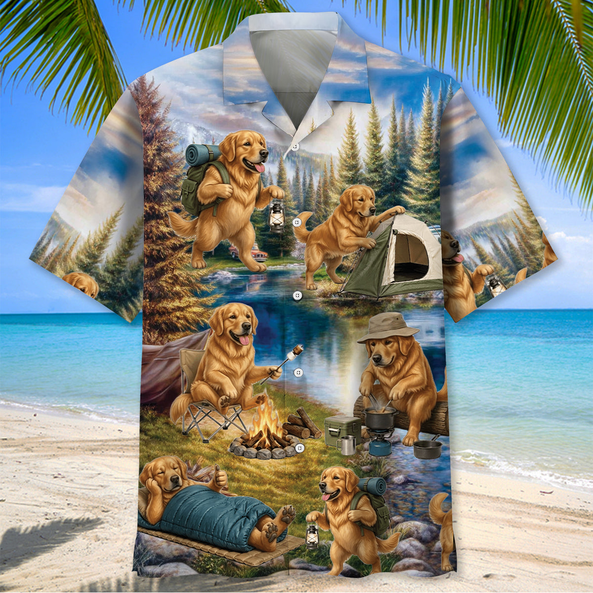 Golden Retriever Dog Funny Camping Hawaiian Shirt