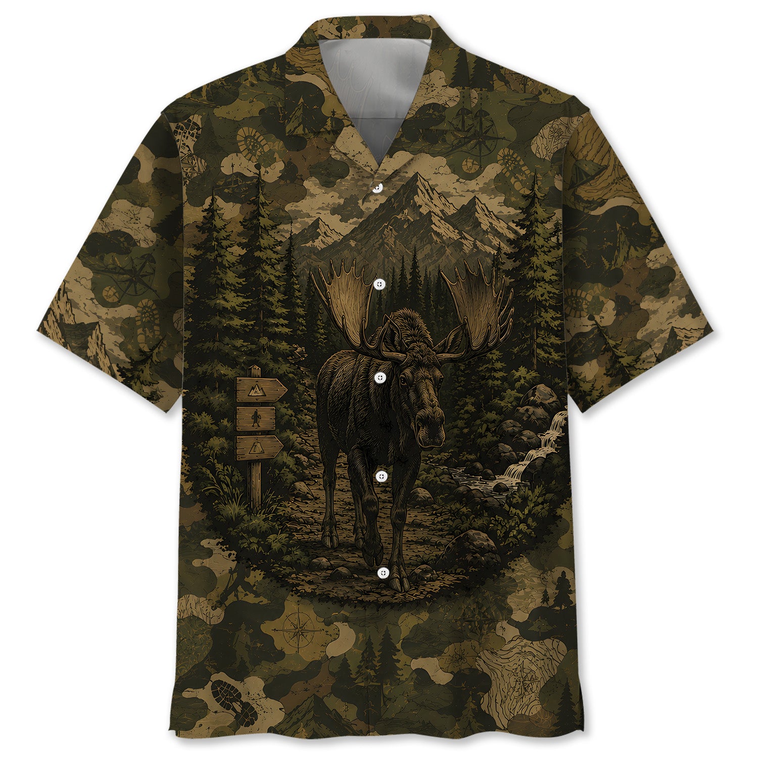 Moose Forest Camouflage Dark Hawaiian Shirt