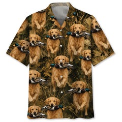 Camouflage Golden Retriever Running With Mallard Duck Hawaiian Shirt