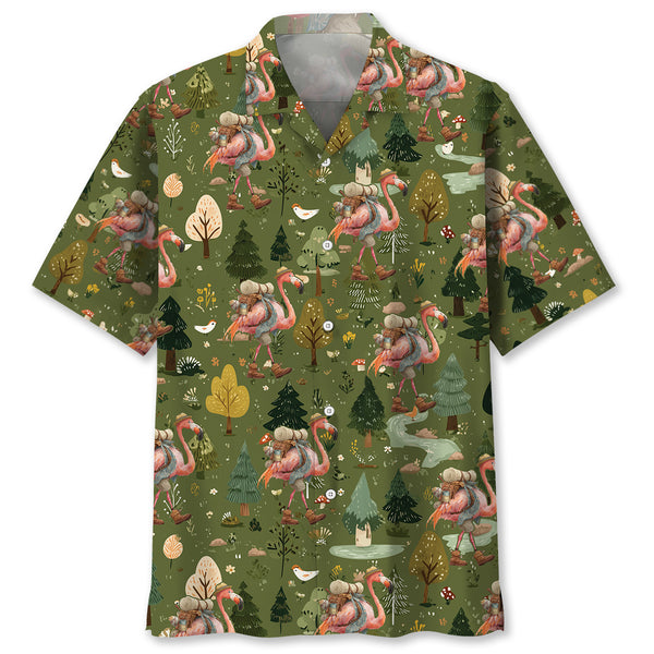 Funny Pink Flamingo Hiking Hawaiian Shirt