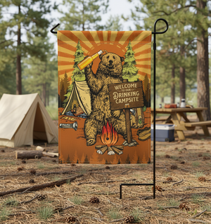Welcome To Our Drinking Campsite Retro Bear Flag Decor