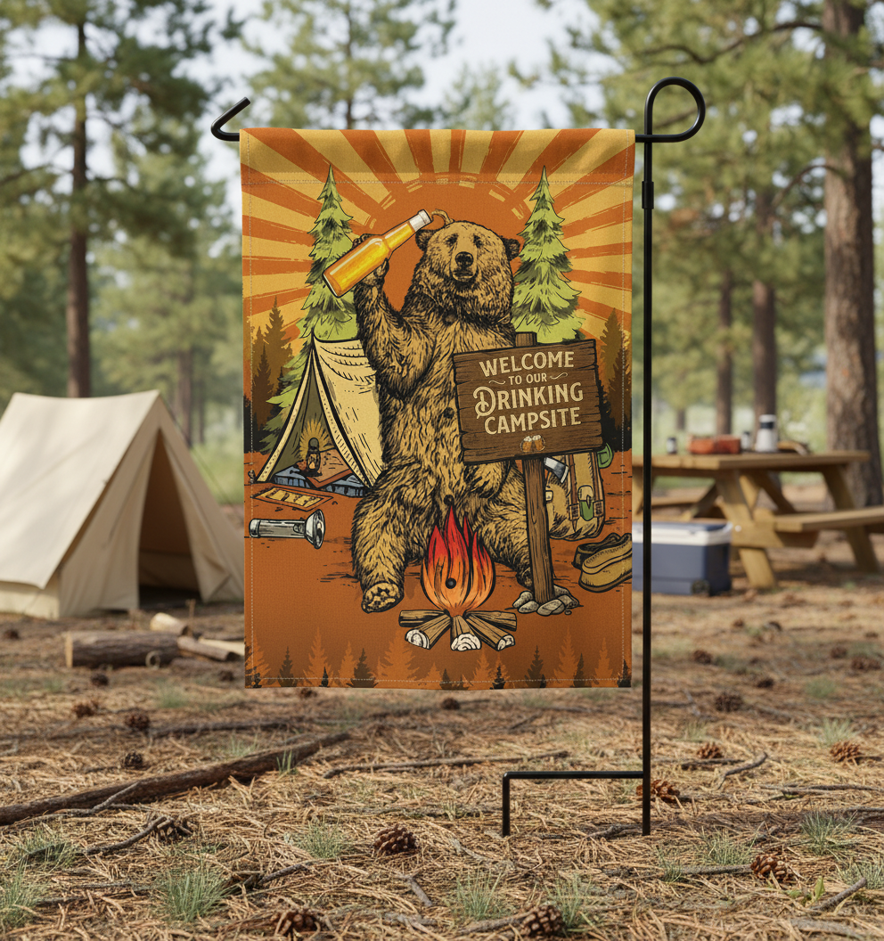 Welcome To Our Drinking Campsite Retro Bear Flag Decor