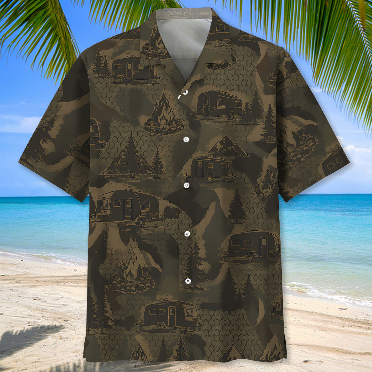 Travel Trailer Camping Camouflage Hawaiian Shirt