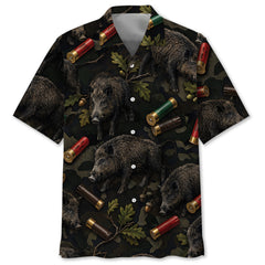 Vintage Hog Hunting Camouflage Black Hawaiian Shirt