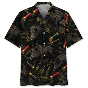 Vintage Hog Hunting Camouflage Black Hawaiian Shirt