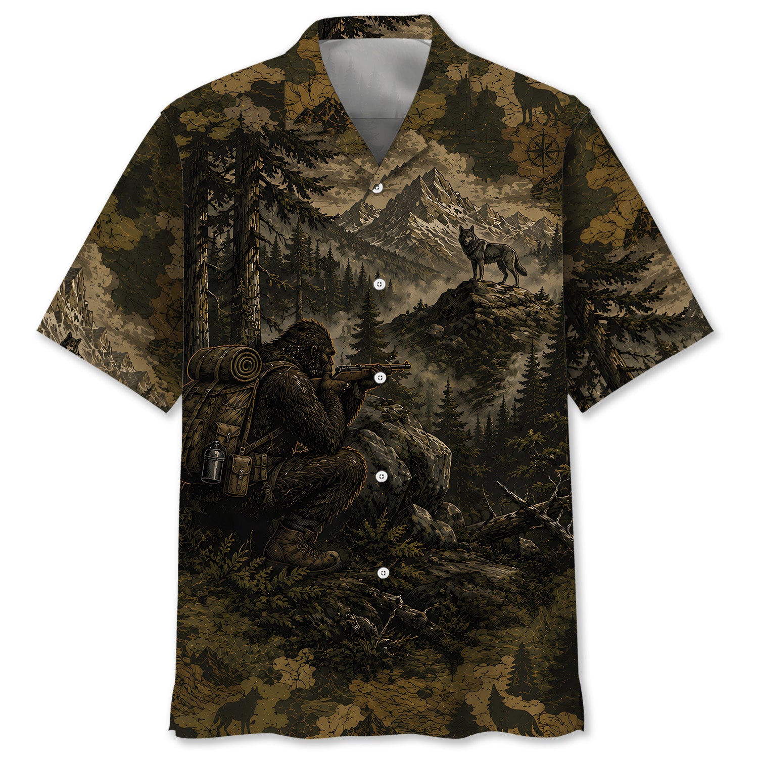 Bigfoot Wolf Hunting Camouflage Funny Hawaiian Shirt