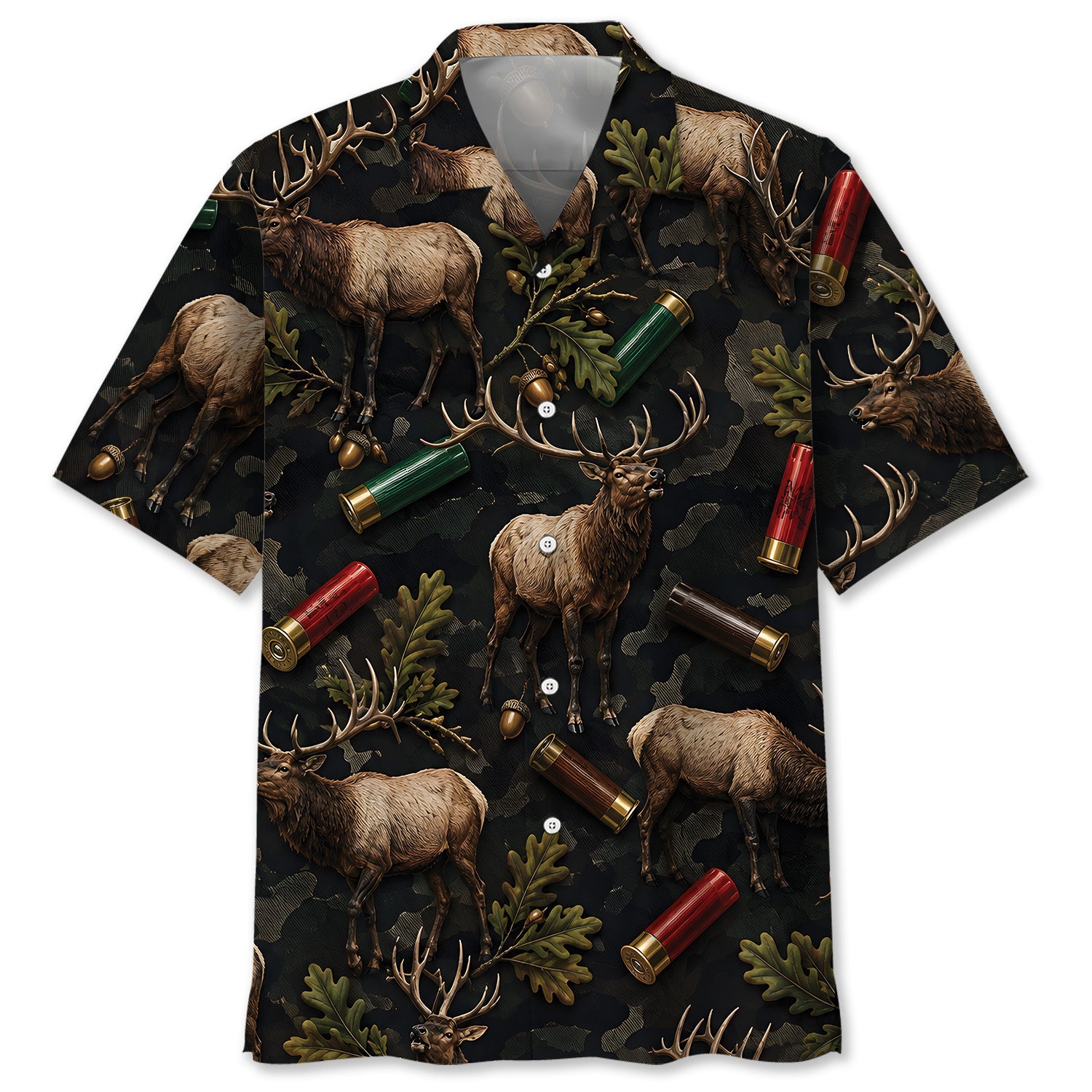 Vintage Elk Hunting Camouflage Black Hawaiian Shirt