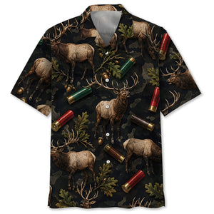 Vintage Elk Hunting Camouflage Black Hawaiian Shirt