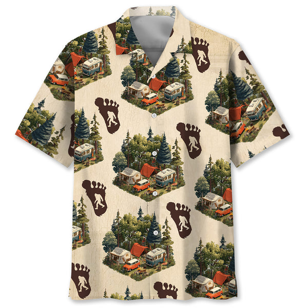 Retro Camping with Bigfoot Tracks Hawaiian Shirt